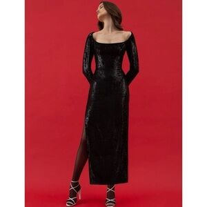 Rasario Long Sleeve Sequin Side Slit Midi Dress Black Formal Cocktail US Size 2